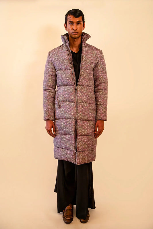 our one of a kind Purple puffer jacket, made using vintage sulk saree.