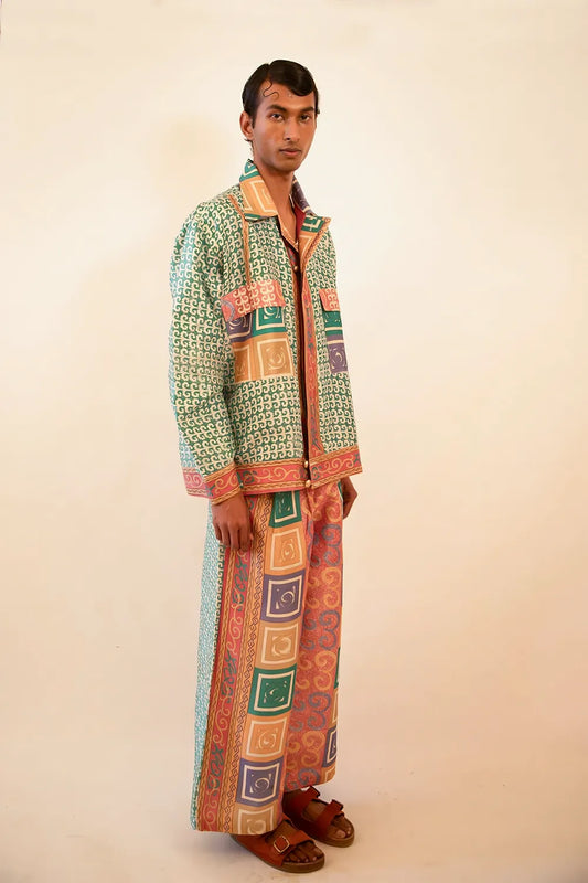 Aksa Bomber III and Wide Pant Set is our one-of-a-kind printed silk set, handcrafted by skilled artisans in-house using a one-of-a-kind vintage silk saree.