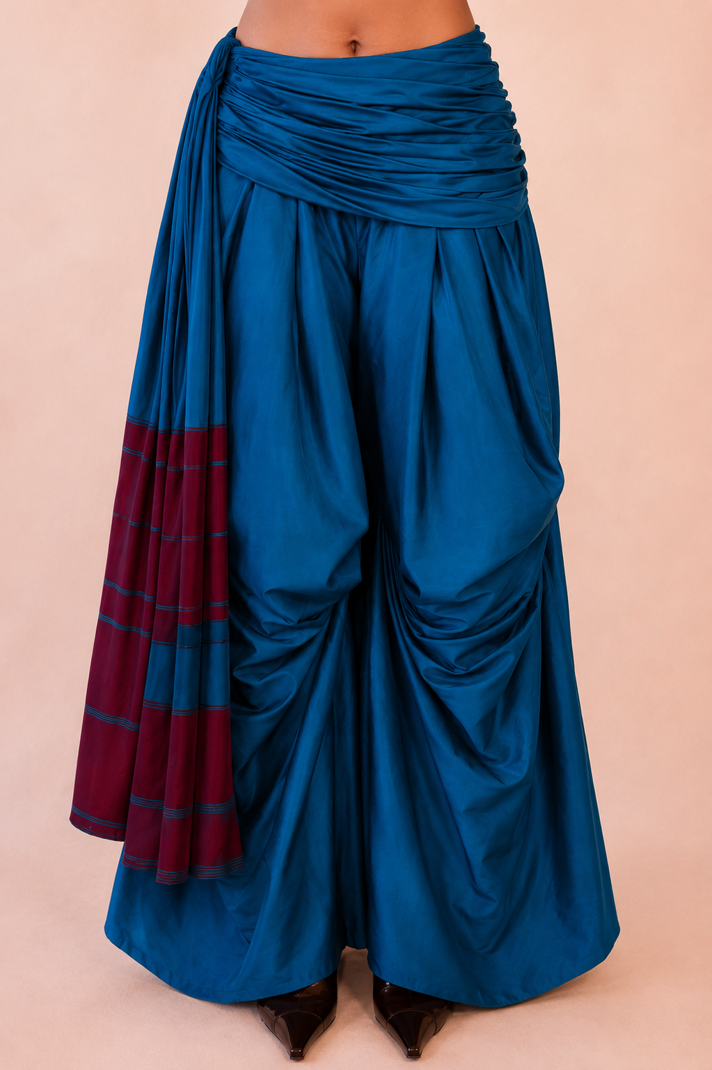 ANTARIYA XV is a one of a kind drape pant, handcrafted in house from repurposed pure silk and saree borders.