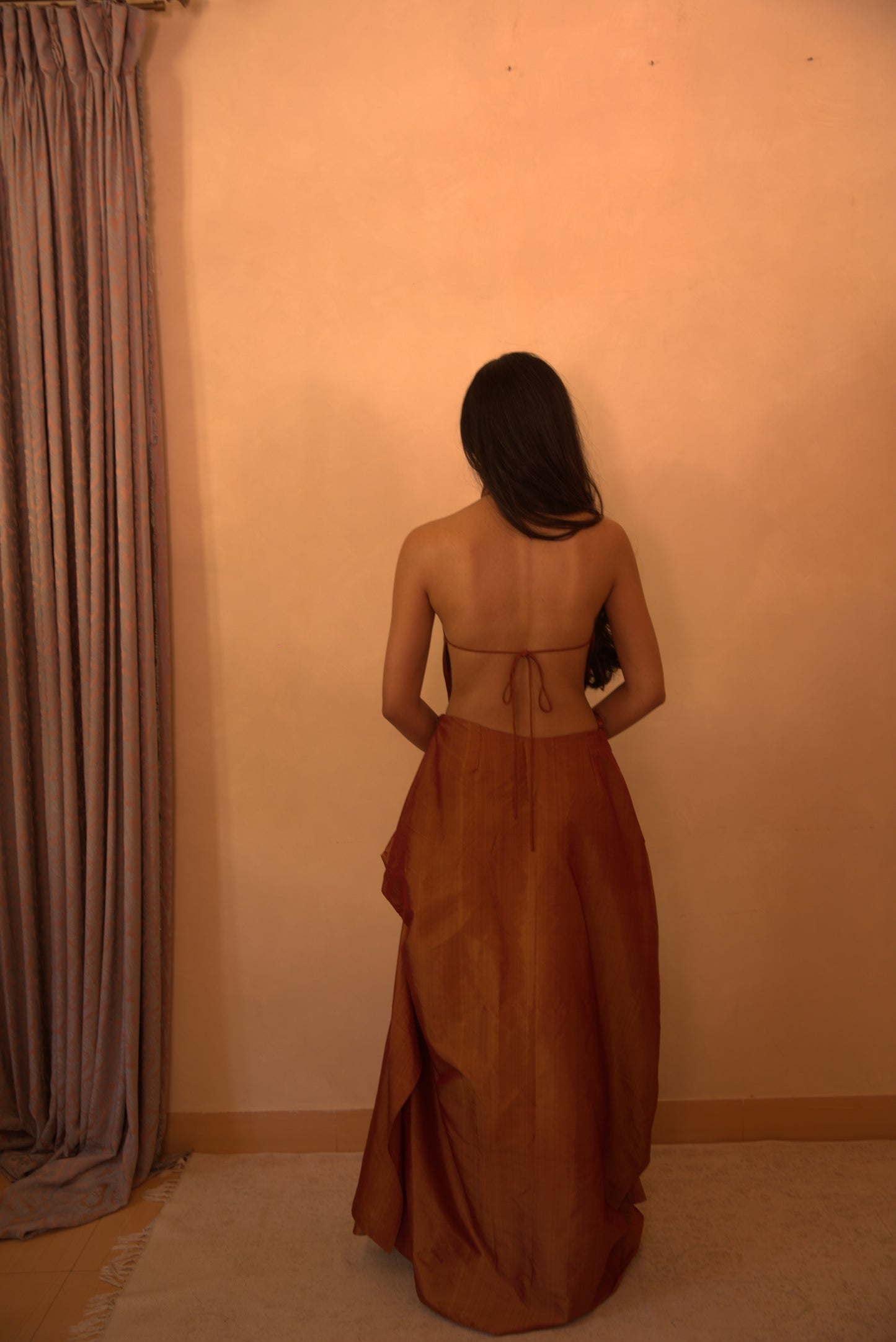 APSARA VII is our high-neck, backless top crafted from a vintage silk saree, inhouse by skilled artisans.