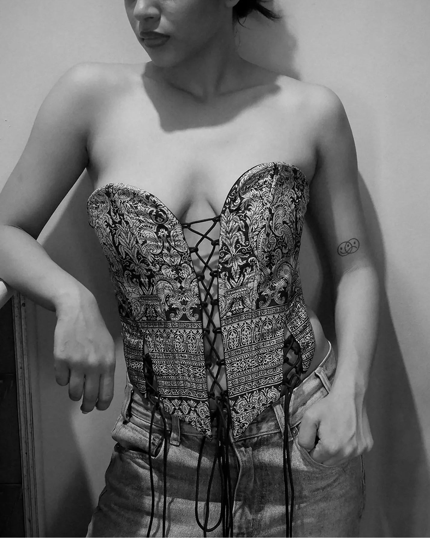 SWARA handcrafted corset made from vintage silk saree with sweetheart neckline, tapered waist, and adjustable back ties for structure and comfort.