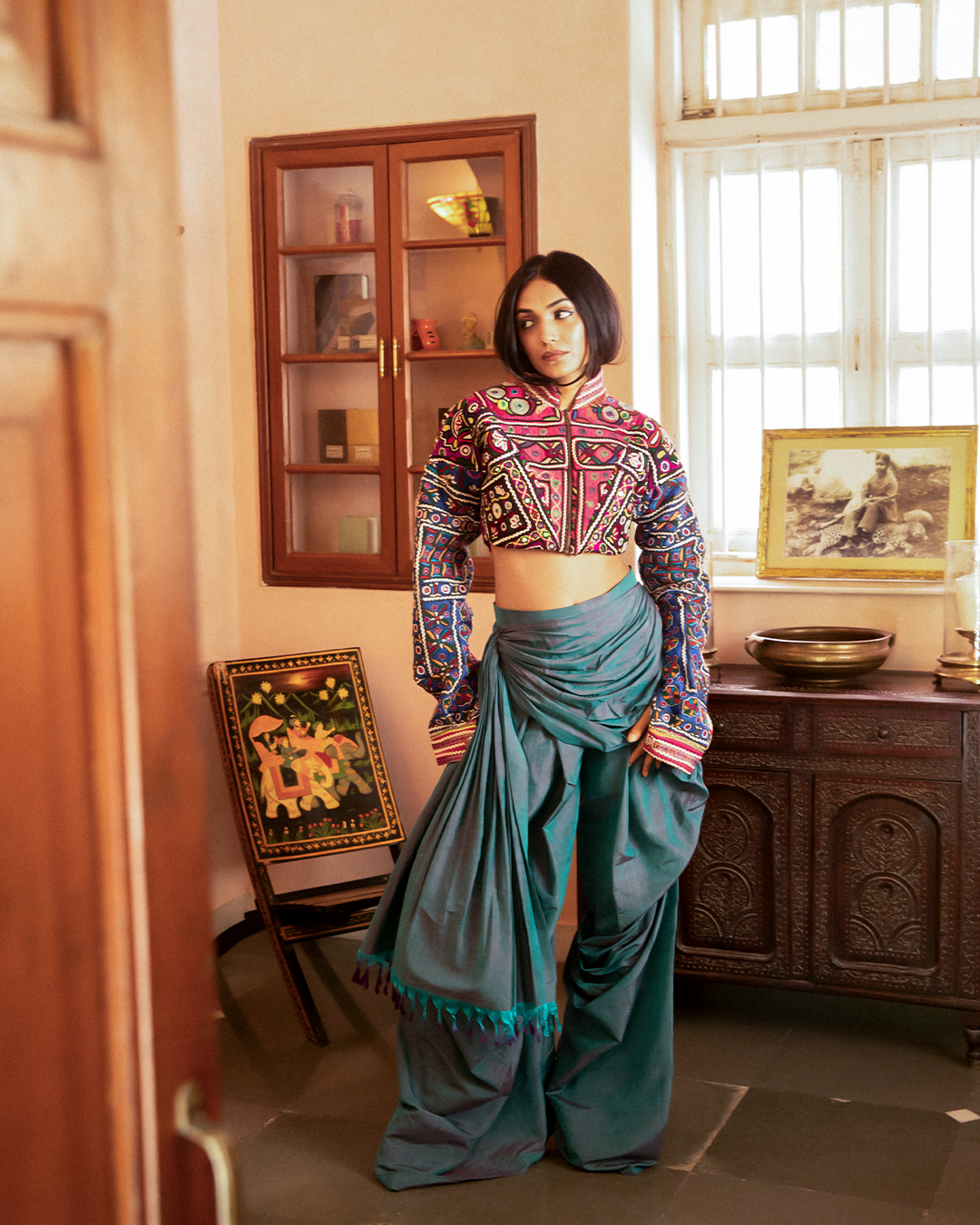 CHOLA NO III. I is a one-of-a-kind piece, handcrafted in-house using carefully sourced traditional cholas made by the Rabari community in Kutch.