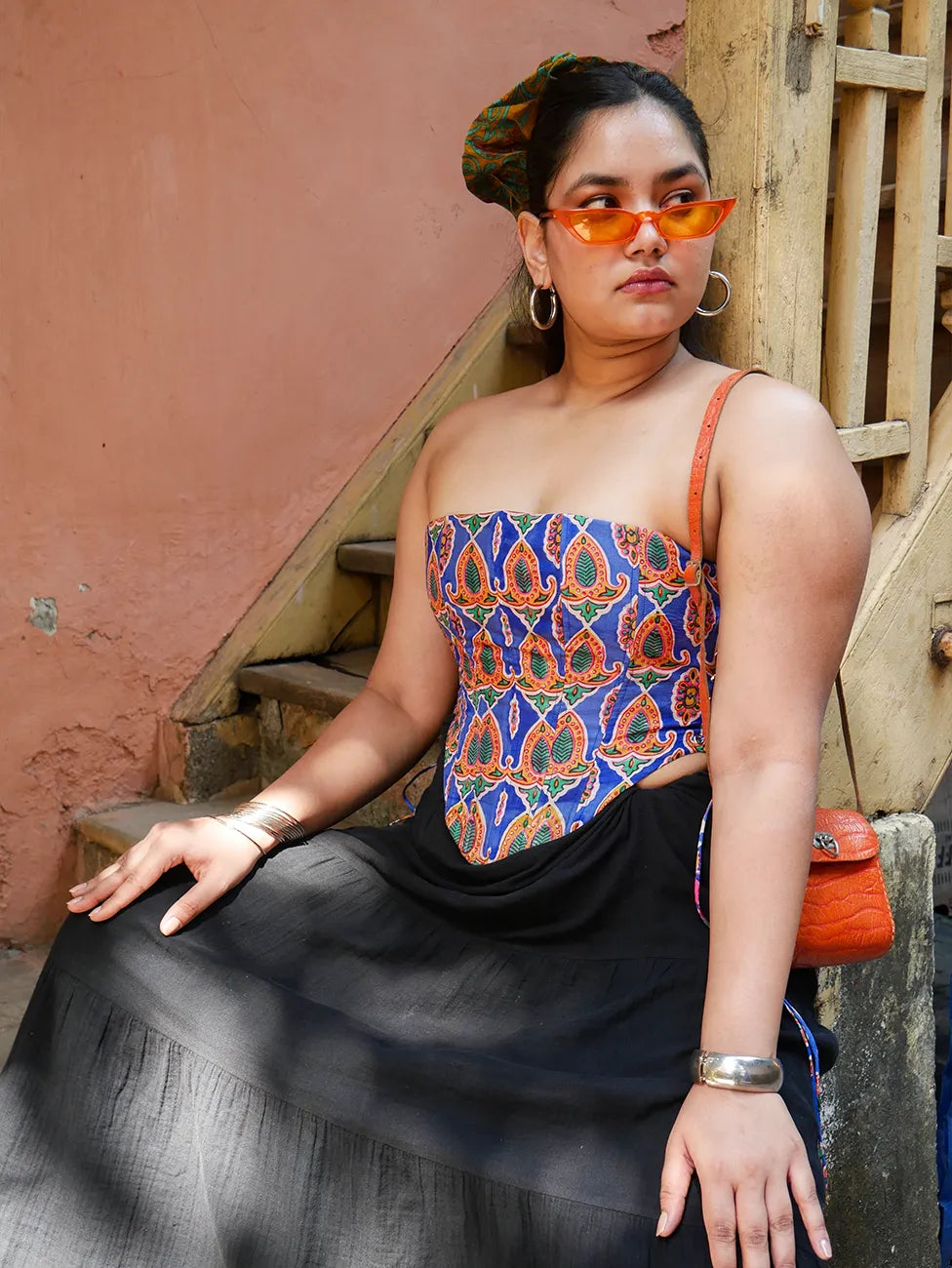 FALAK is our one-of-a-kind printed silk tube corset, handcrafted by skilled artisans in-house using a one-of-a-kind vintage silk saree.