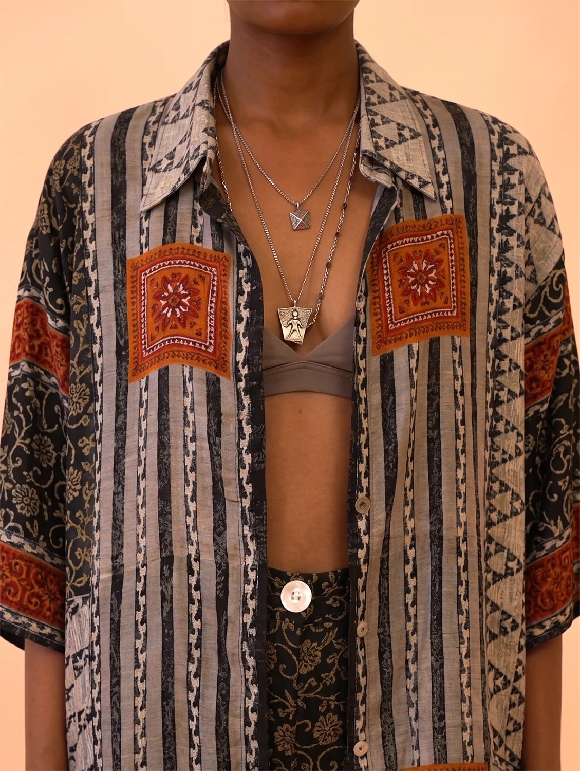 OJAS SHIRT is our one of a kind oversized printed silk shirt, handcrafted by skilled artisans in house