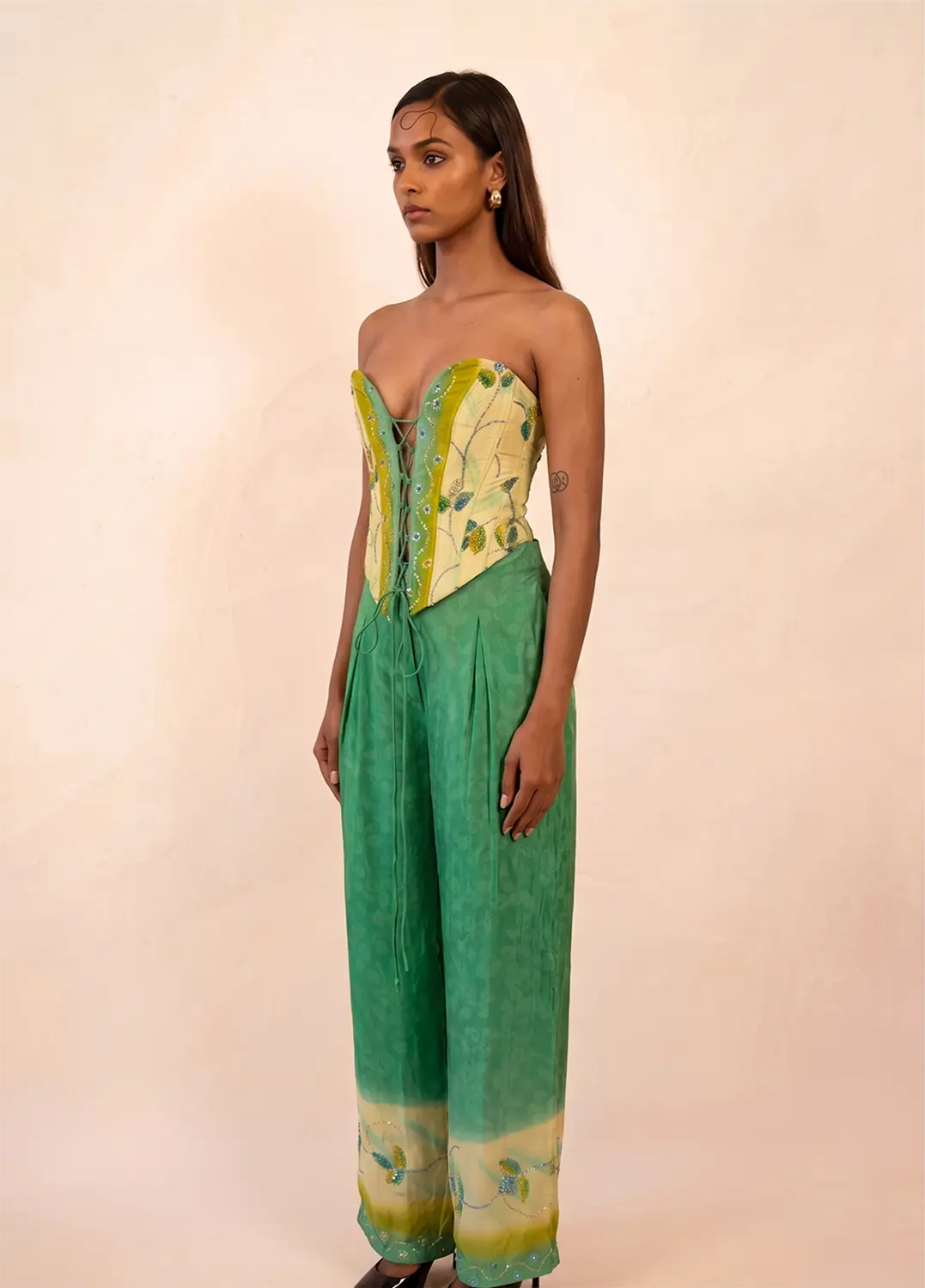 SWARA handcrafted silk corset from vintage saree with sweetheart neckline, tapered waist and adjustable back ties.