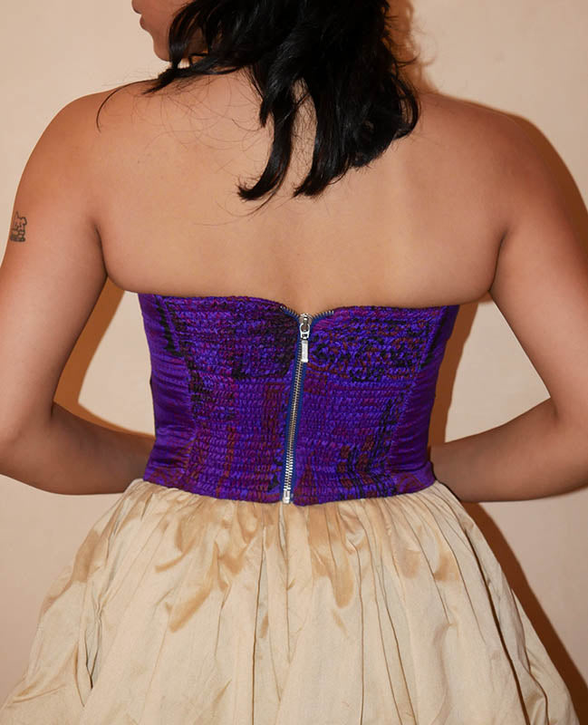 SWARA is our one-of-a-kind handcrafted corset, made in-house using a one-of-a-kind vintage silk saree.