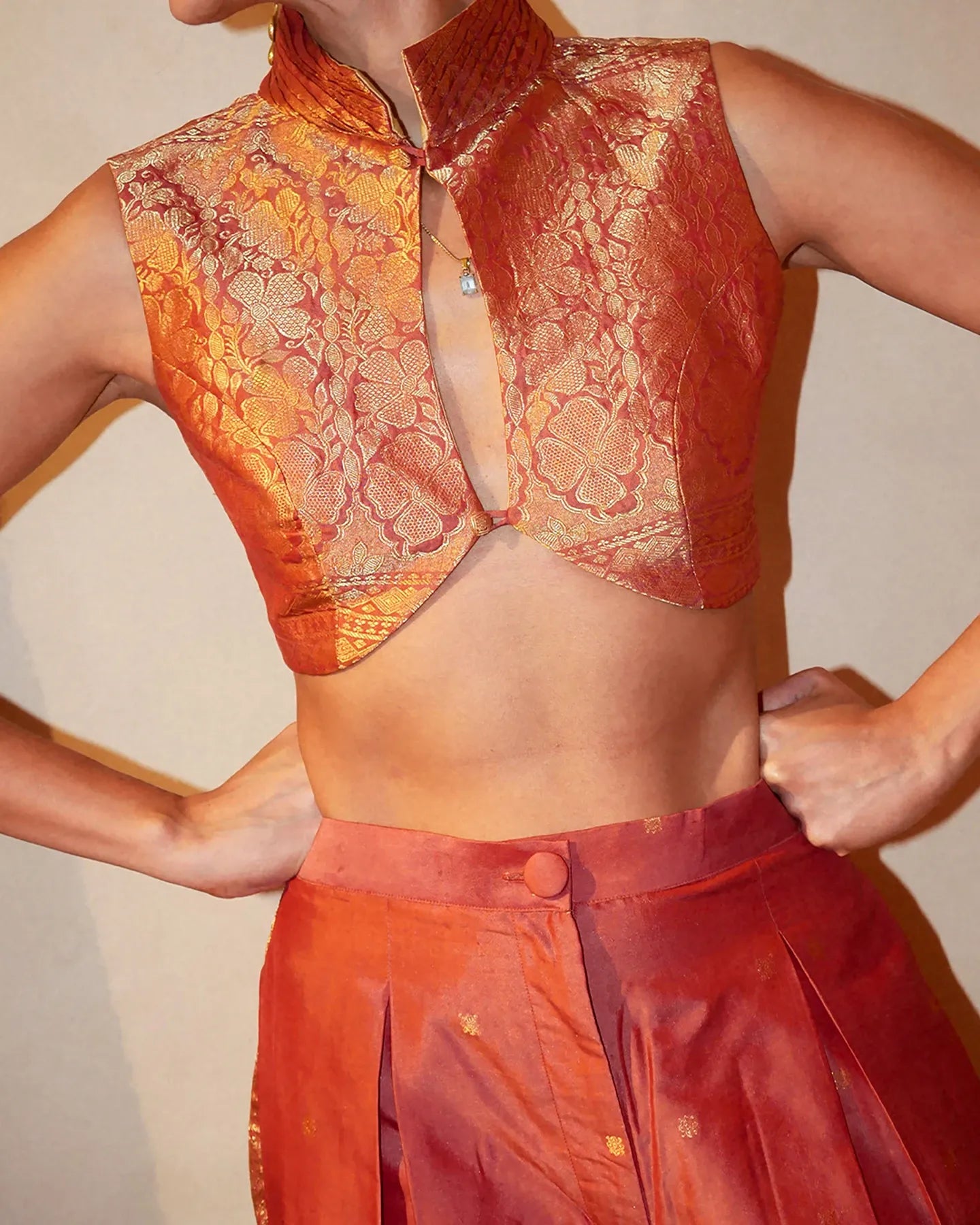 GILET TOP- TARINI III Top is a one of a kind piece, handcrafted in house from vintage pure silk saree fabric.