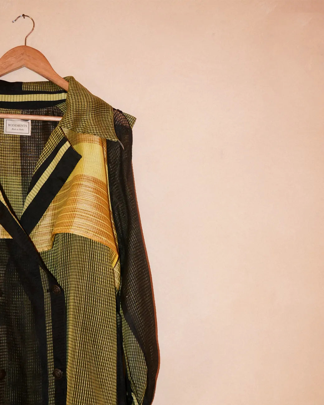 Vedya Black checkered silk trench coat handcrafted from South Indian silk with relaxed boxy fit, buckle details on arms and waist