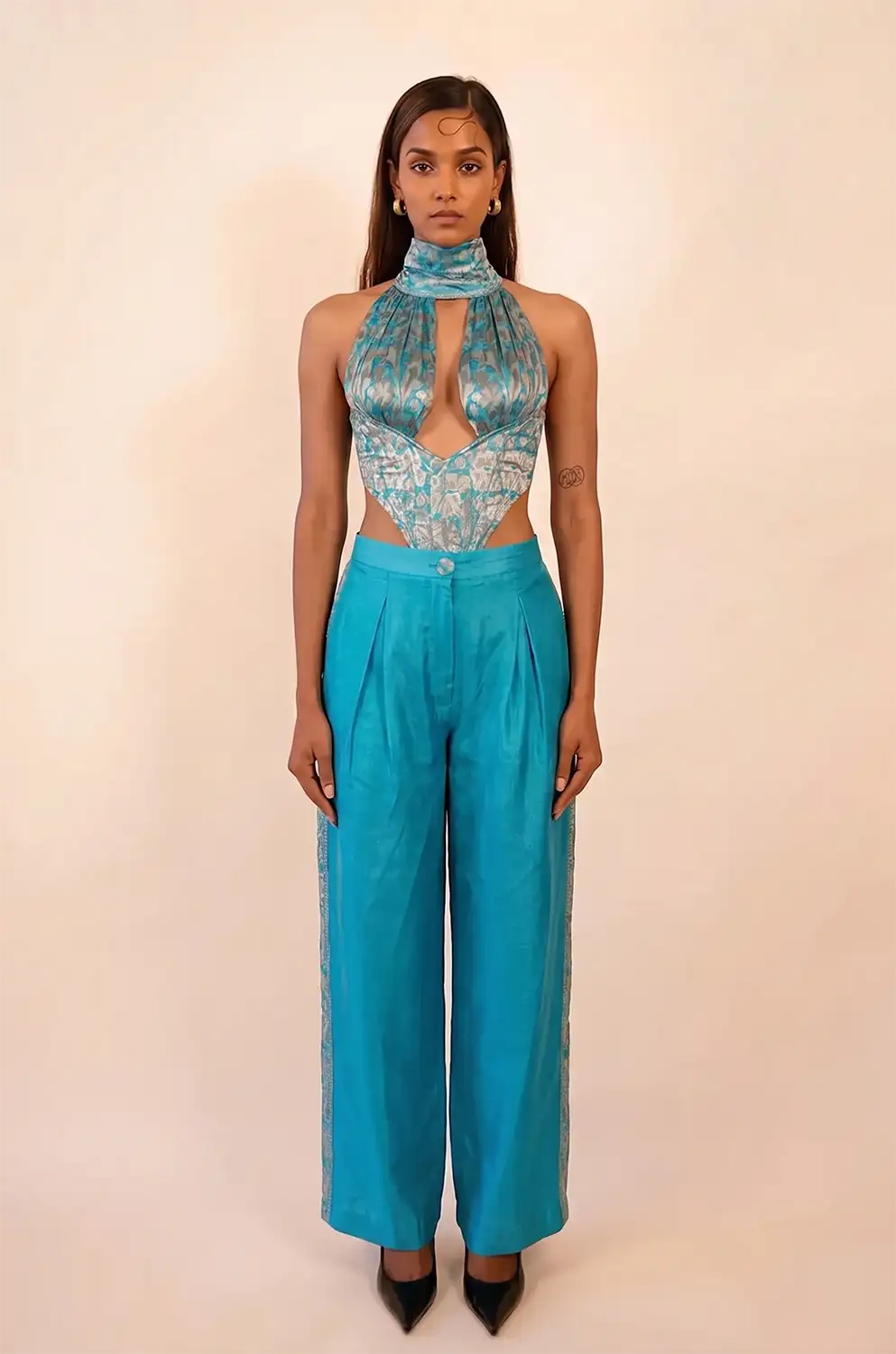 Vivienne printed silk tube corset handcrafted from vintage saree with halter neckline, deep V cut and choker-style collar