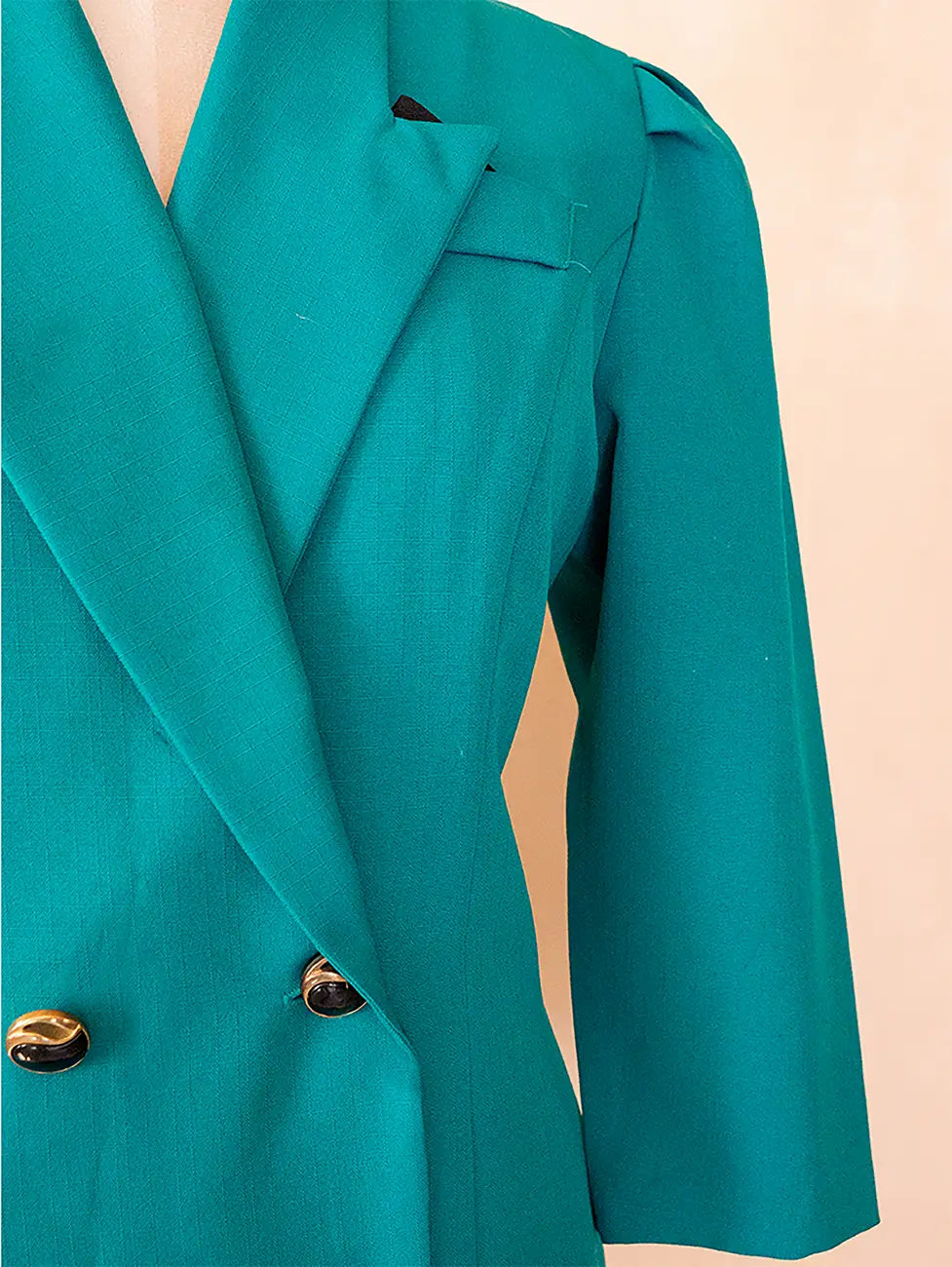 Vintage oversized green and black mid-length formal blazer dress, featuring a relaxed tailored fit, thrifted from global collections.