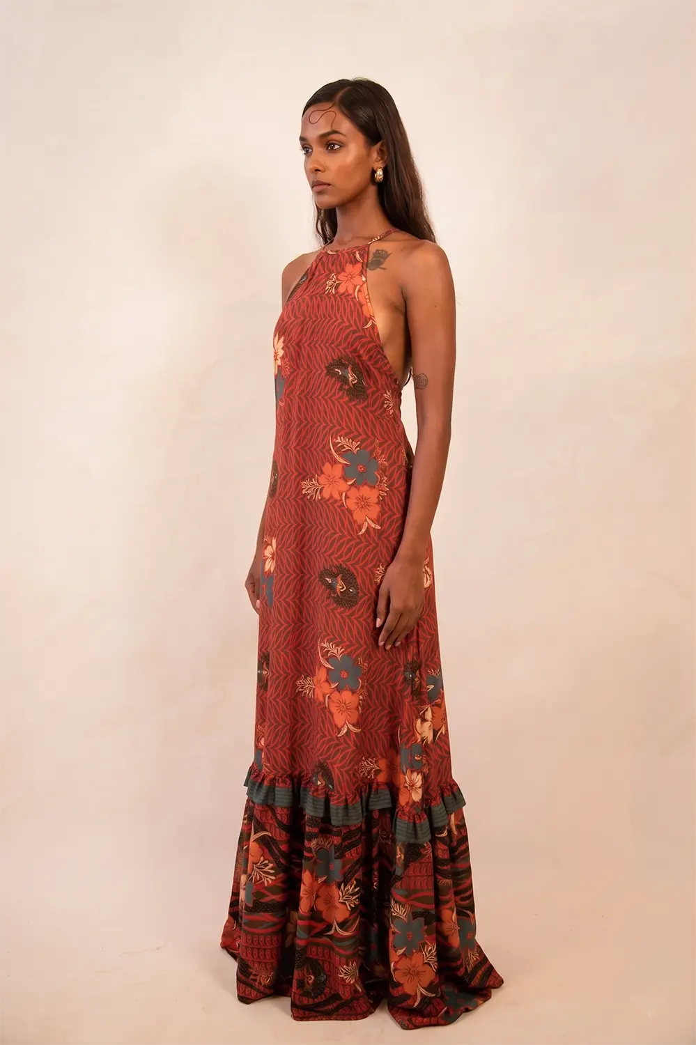 Rust printed silk halter neck backless dress handcrafted from a vintage sari, featuring a delicate lace-up back and versatile fit.