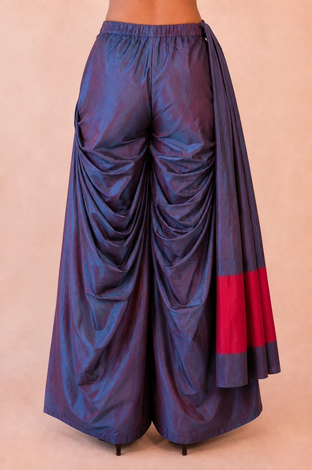 ANTARIYA XVIIII is a one of a kind drape pant, handcrafted in house from repurposed pure silk and saree borders.