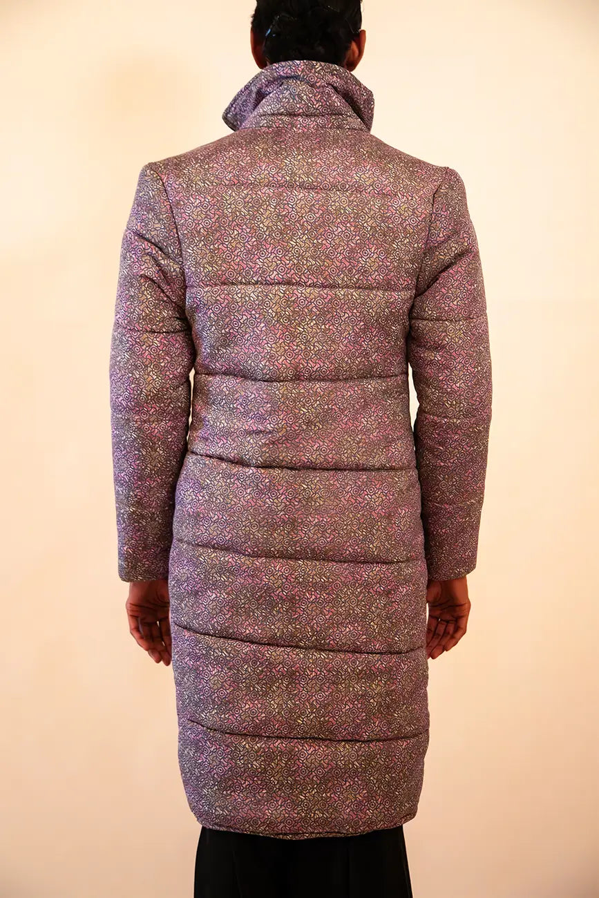 our one of a kind Purple puffer jacket, made using vintage sulk saree.