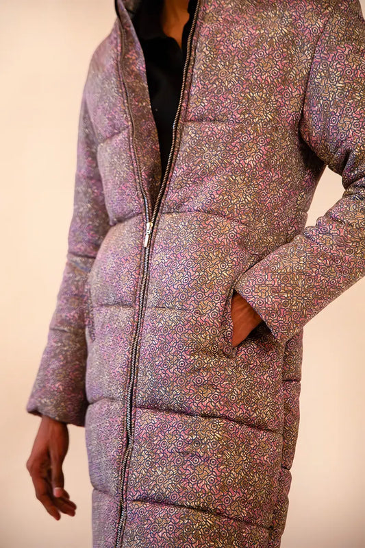 our one of a kind Purple puffer jacket, made using vintage sulk saree.