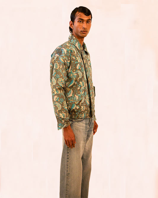 AKSA BOMBER II VI is our printed silk bomber jacket, handcrafted by skilled artisans in-house using two one-of-a-kind vintage silk saree.