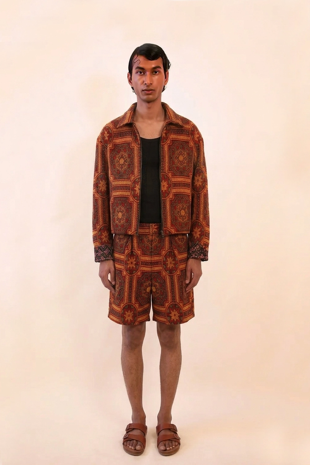 AKSA BOMBER SHORTS are our one of a kind shorts, crafted in-house from printed silk with a thicker, more structured hand feel.