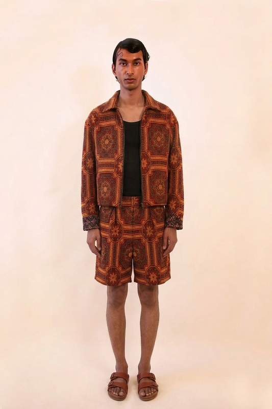 AKSA BOMBER SHORTS are our one of a kind shorts, crafted in-house from printed silk with a thicker, more structured hand feel.