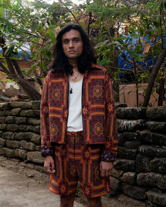 AKSA BOMBER SHORTS are our one of a kind shorts, crafted in-house from printed silk with a thicker, more structured hand feel.