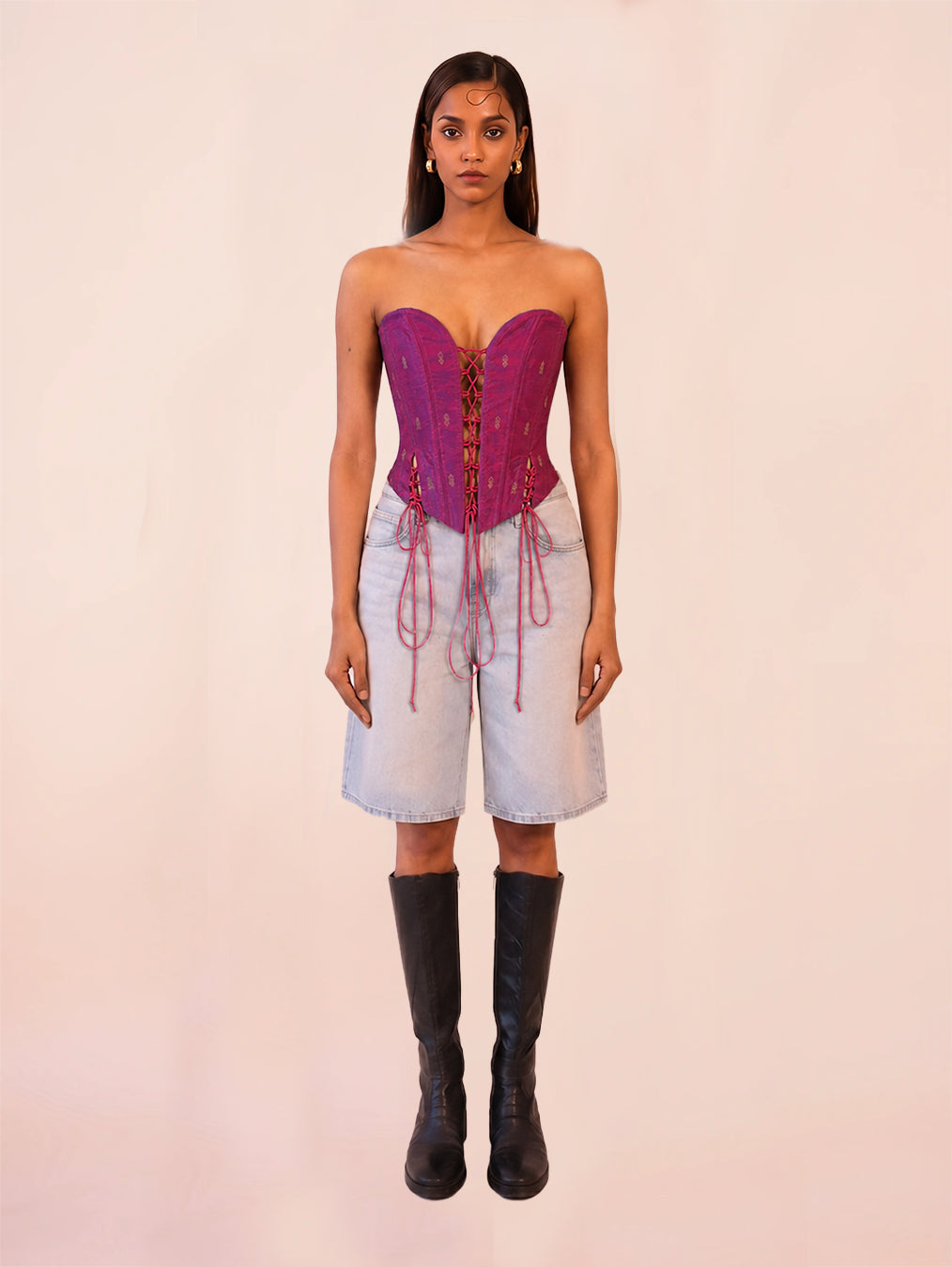 ANAI is our one-of-a-kind handcrafted corset, made in-house using a one-of-a-kind vintage silk saree. 