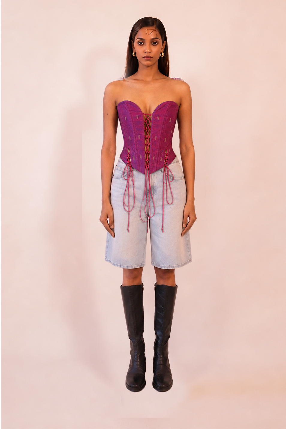 ANAI is our one-of-a-kind handcrafted corset, made in-house using a one-of-a-kind vintage silk saree. 