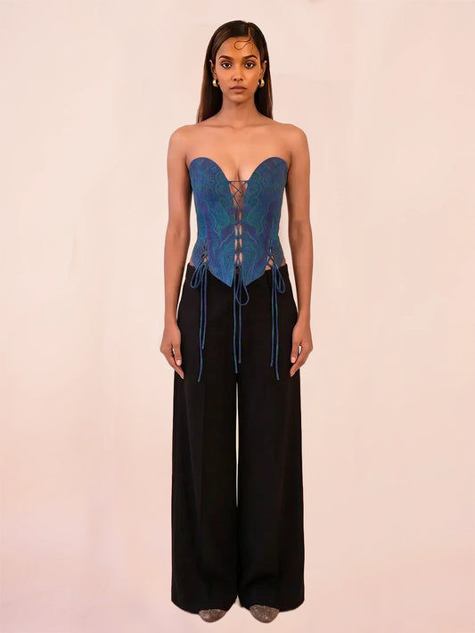 ANAI is our one-of-a-kind handcrafted corset, made in-house using a one-of-a-kind blue vintage silk saree.