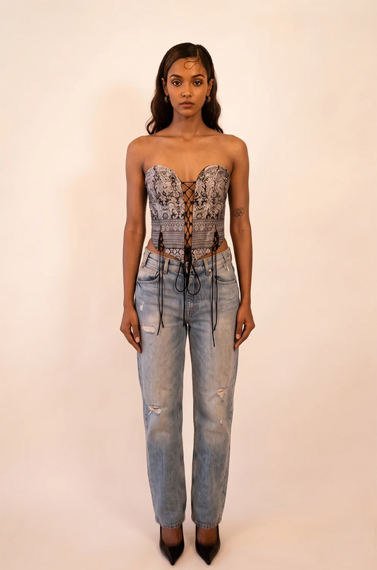 SWARA handcrafted corset made from vintage silk saree with sweetheart neckline, tapered waist, and adjustable back ties for structure and comfort.