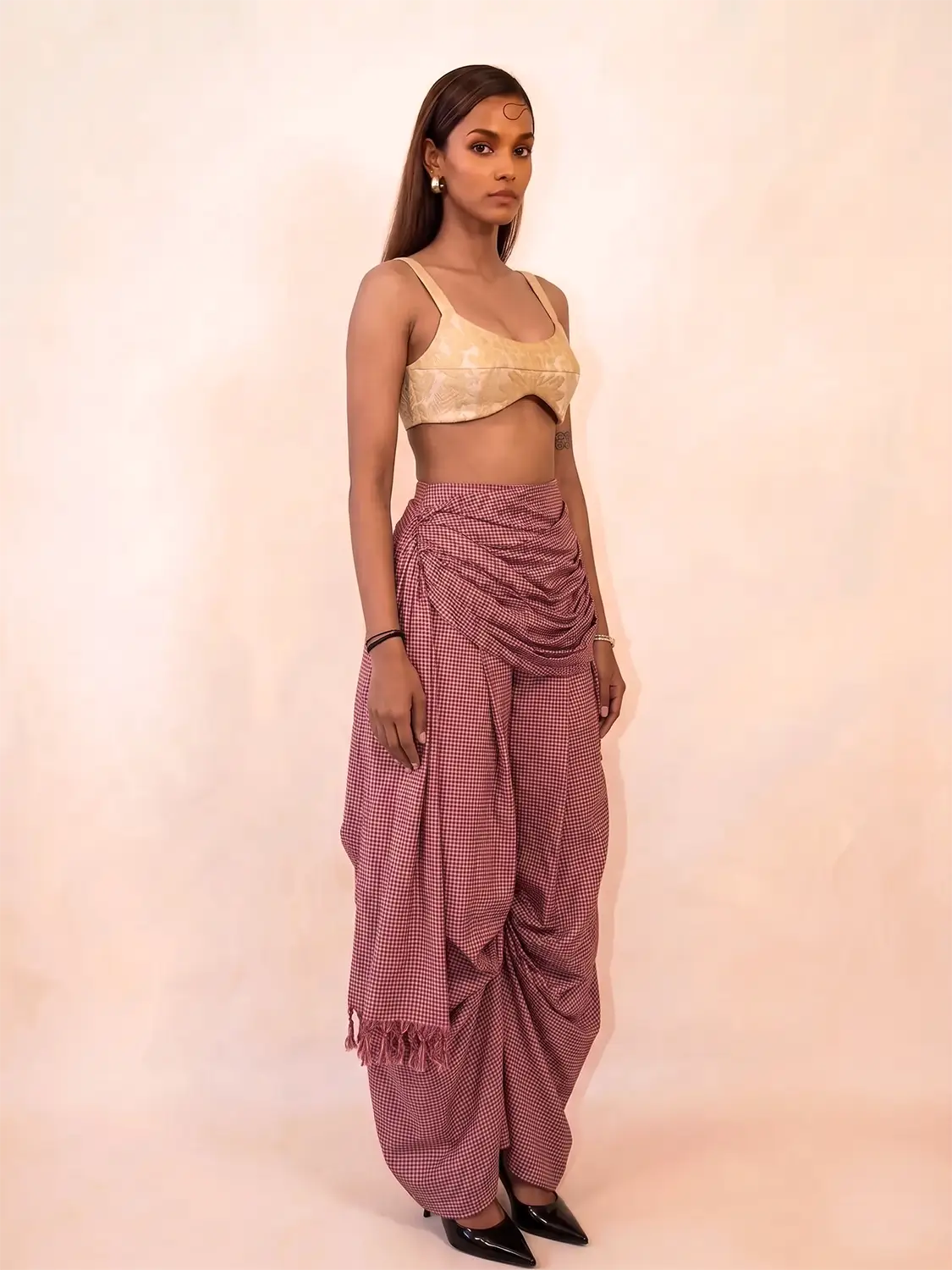 ANTARIYA VII is a one of a kind drape pant, handcrafted in house from repurposed pure silk and saree borders.