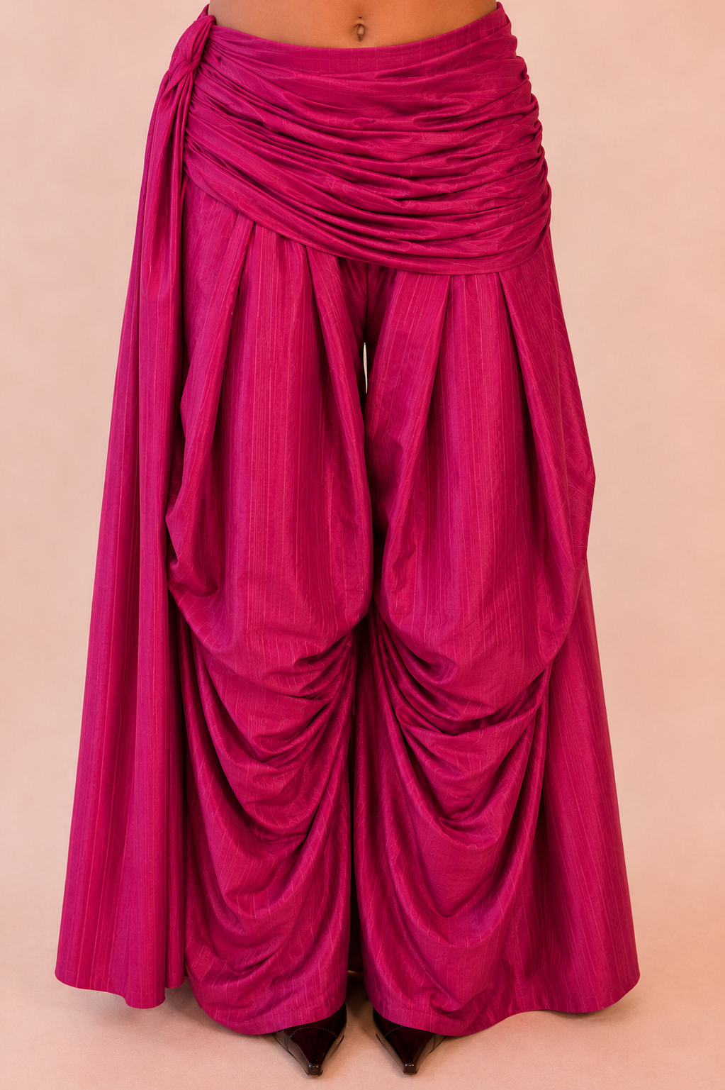 ANTARIYA XVIII is a one of a kind drape pant, handcrafted in house from repurposed pure silk and saree borders.