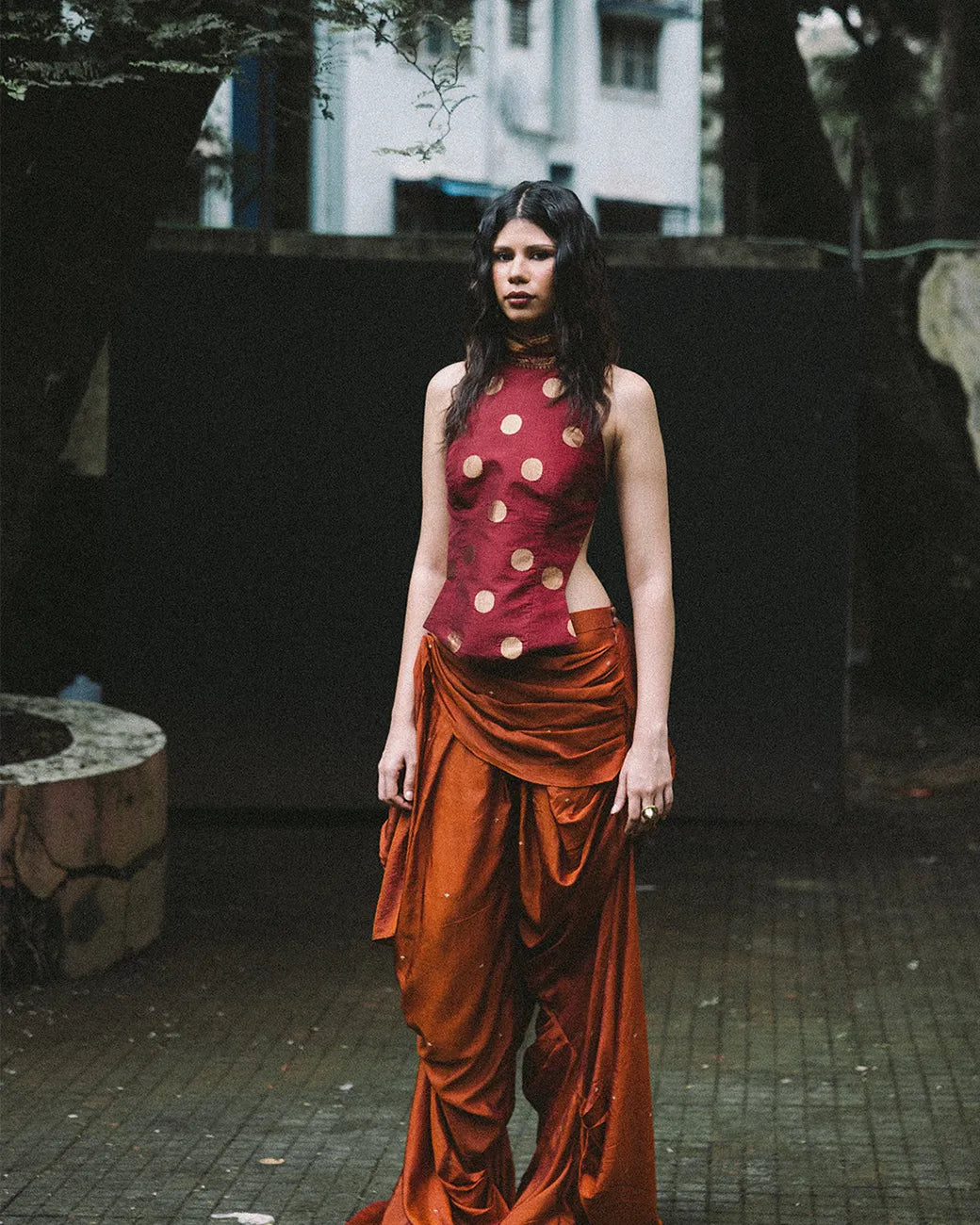 Antariya, drape pant,s , made using pre loved silk sarees, unfolds multiple drape tucks pinned at different levels, to highlight one of the most common practice of indian women.