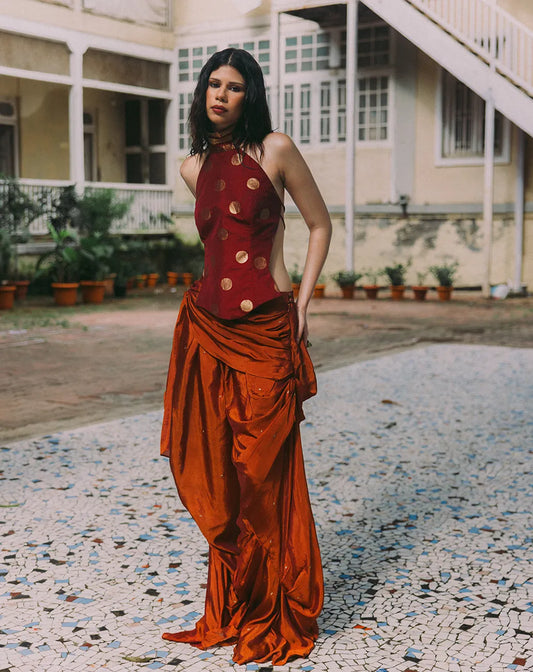 Antariya, drape pant,s , made using pre loved silk sarees, unfolds multiple drape tucks pinned at different levels, to highlight one of the most common practice of indian women.