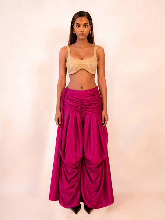 ANTARIYA XVIII is a one of a kind drape pant, handcrafted in house from repurposed pure silk and saree borders.