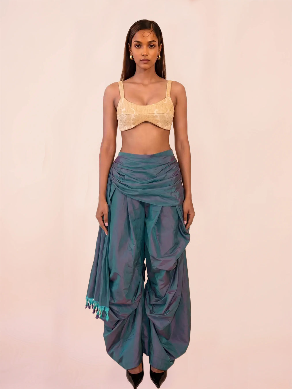 ANTARIYA V is a one of a kind drape pant, handcrafted in house from repurposed pure silk and saree borders