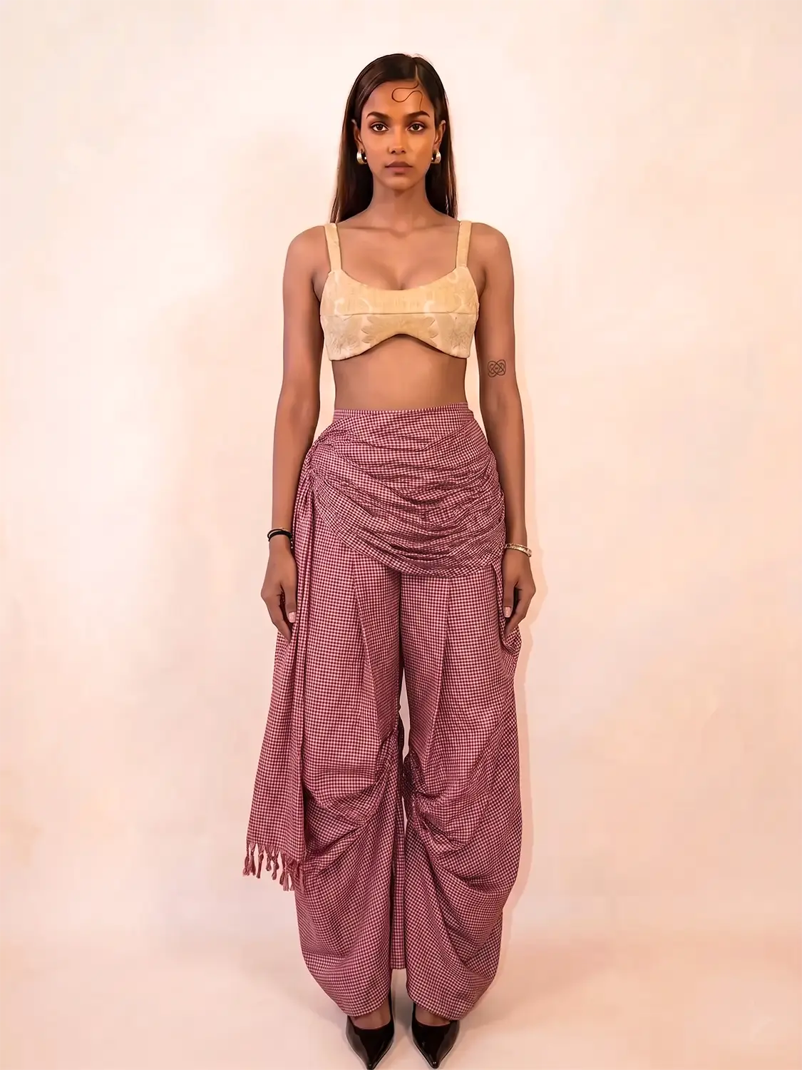 ANTARIYA VII is a one of a kind drape pant, handcrafted in house from repurposed pure silk and saree borders. 