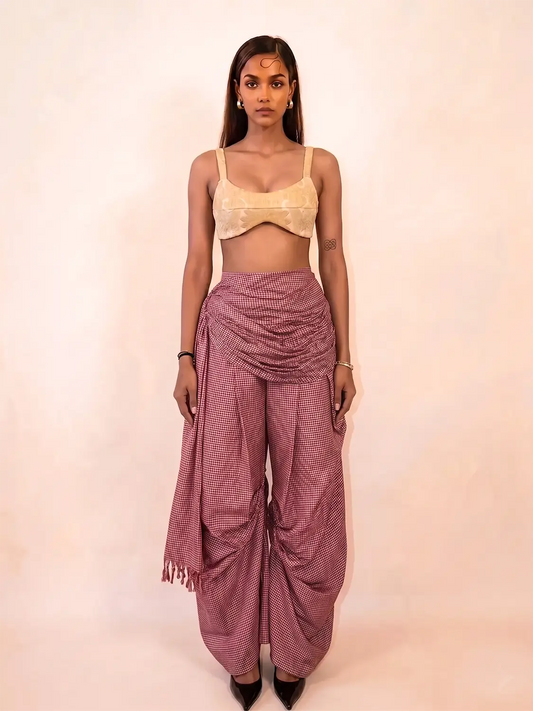 ANTARIYA VII is a one of a kind drape pant, handcrafted in house from repurposed pure silk and saree borders. 