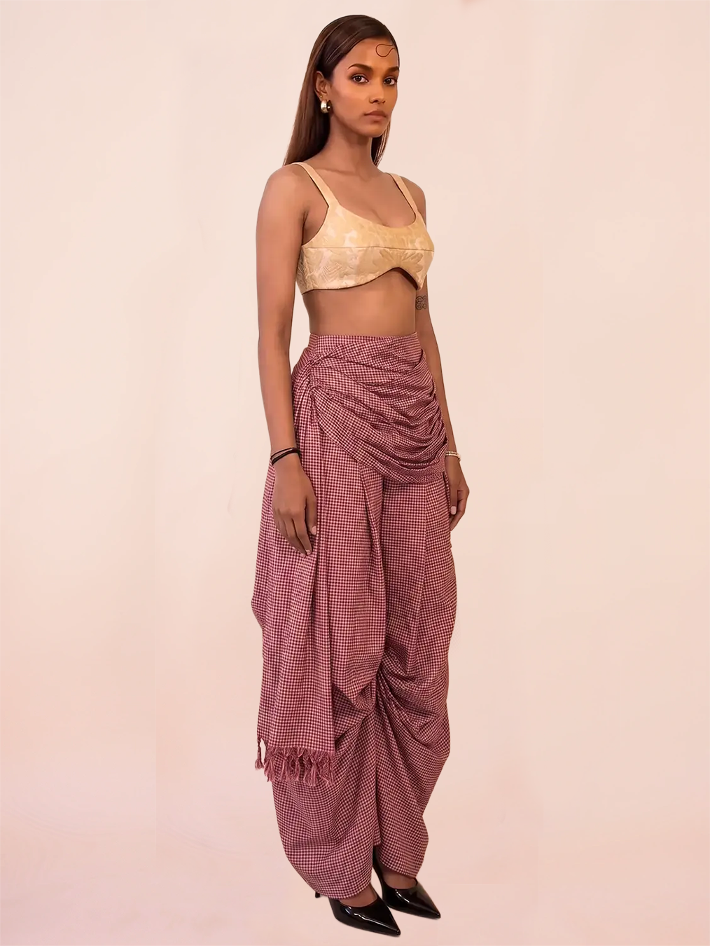 ANTARIYA VII is a one of a kind drape pant, handcrafted in house from repurposed pure silk and saree borders. 