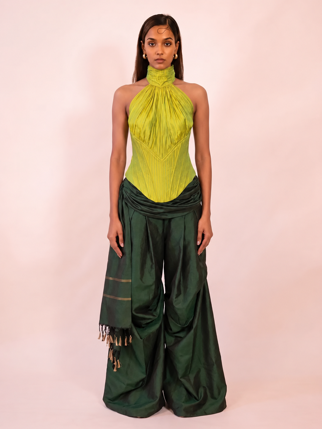 ANTARIYA XIII is a one of a kind drape pant, handcrafted in house from repurposed pure silk and saree borders. 