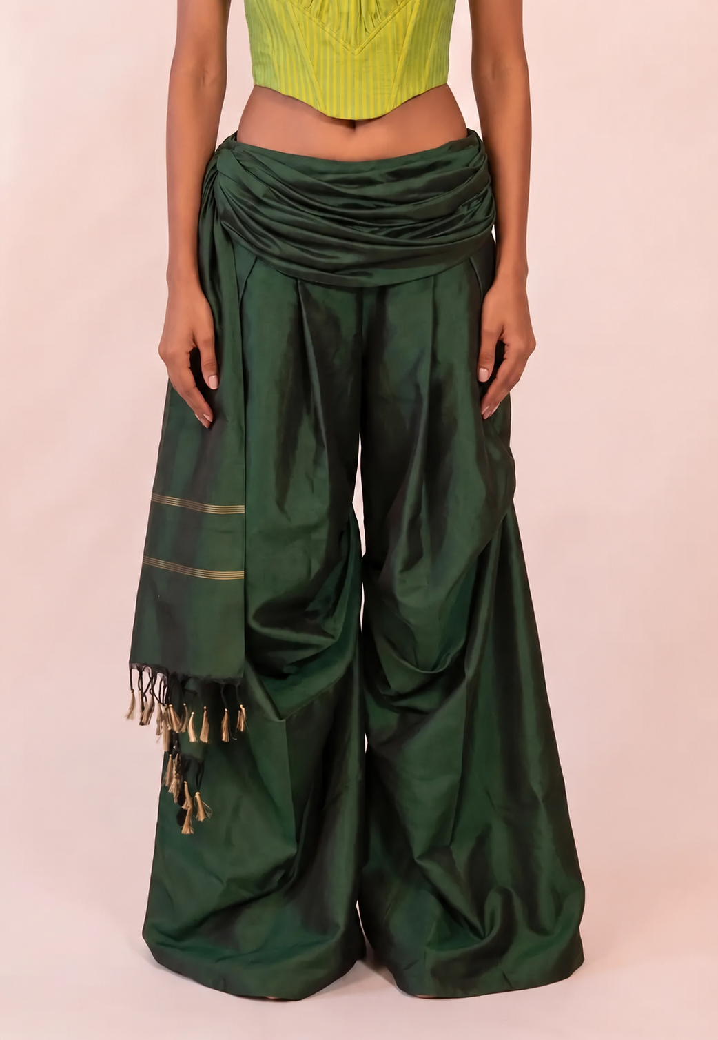 ANTARIYA XIII is a one of a kind drape pant, handcrafted in house from repurposed pure silk and saree borders. 