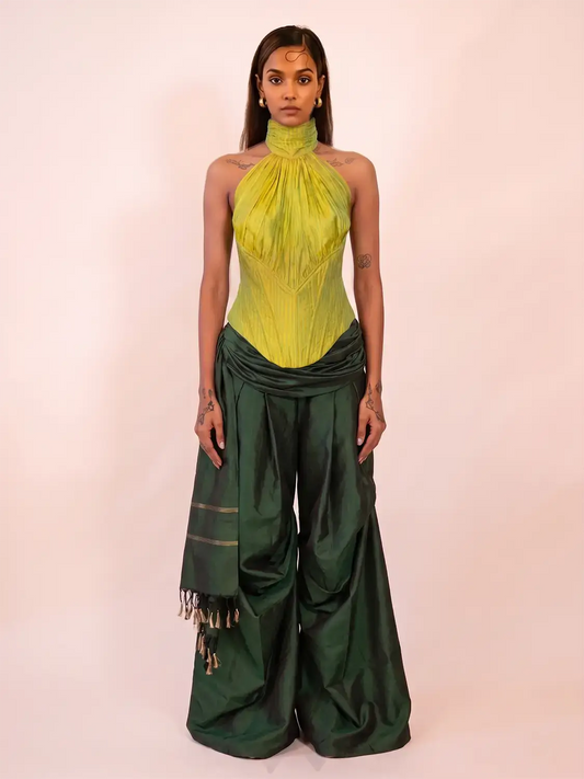ANTARIYA XIII is a one of a kind drape pant, handcrafted in house from repurposed pure silk and saree borders.