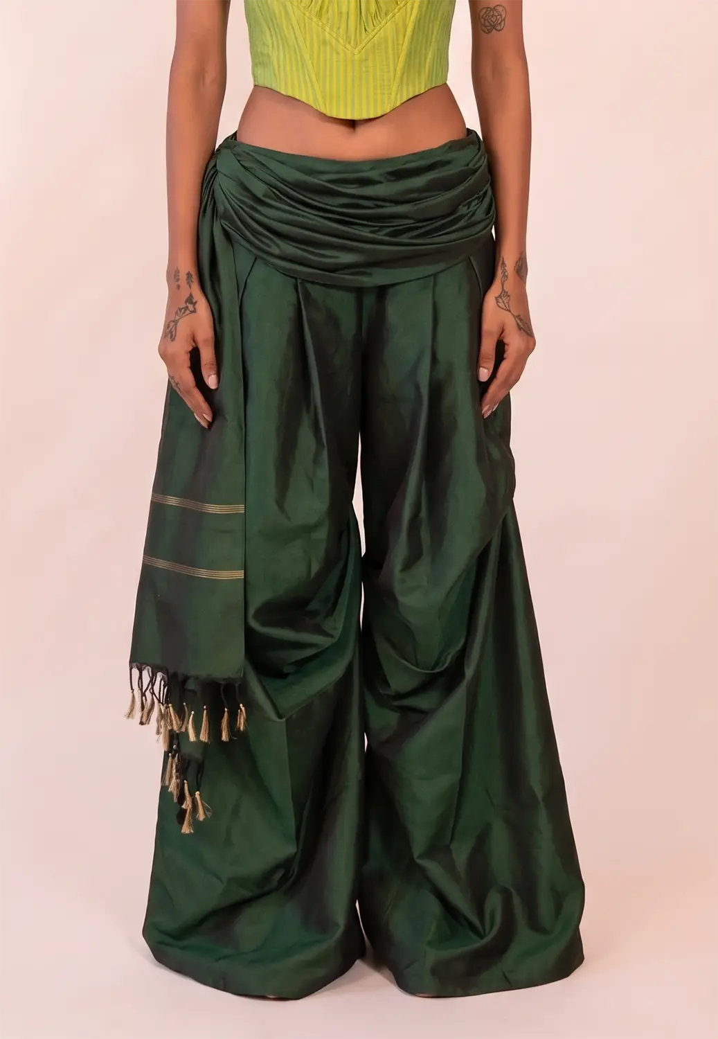 ANTARIYA XIII is a one of a kind drape pant, handcrafted in house from repurposed pure silk and saree borders.