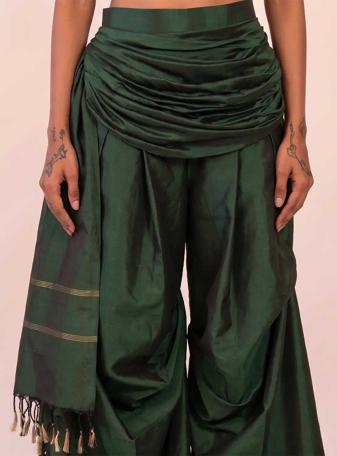 ANTARIYA XIII is a one of a kind drape pant, handcrafted in house from repurposed pure silk and saree borders.