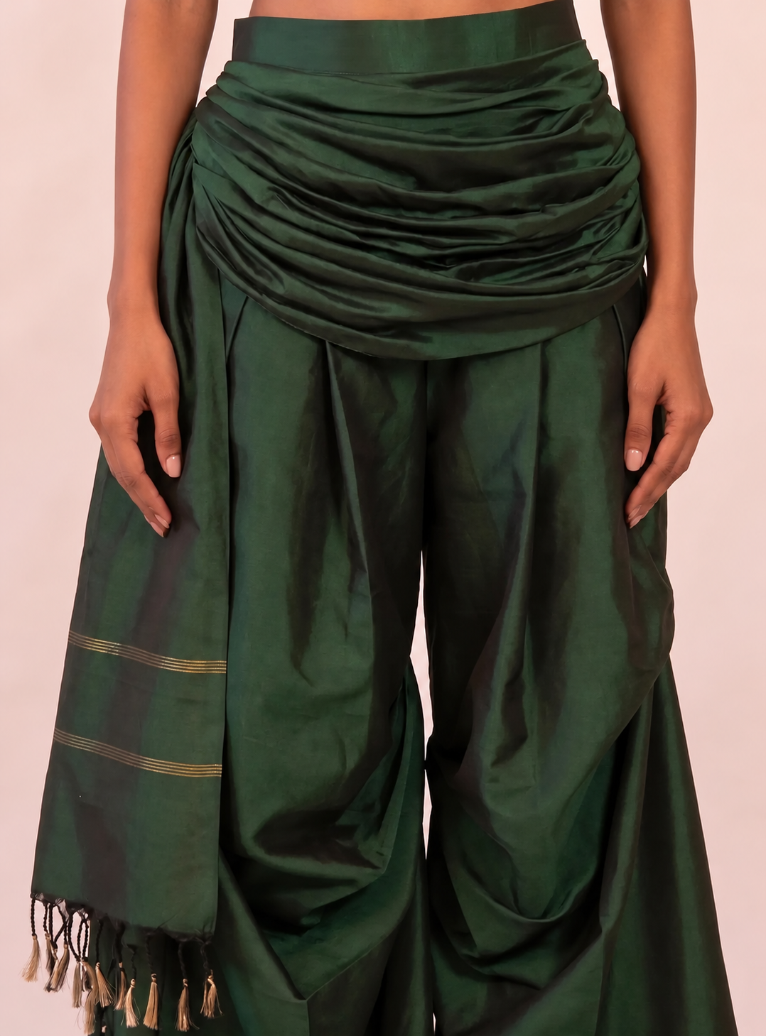 ANTARIYA XIII is a one of a kind drape pant, handcrafted in house from repurposed pure silk and saree borders. 