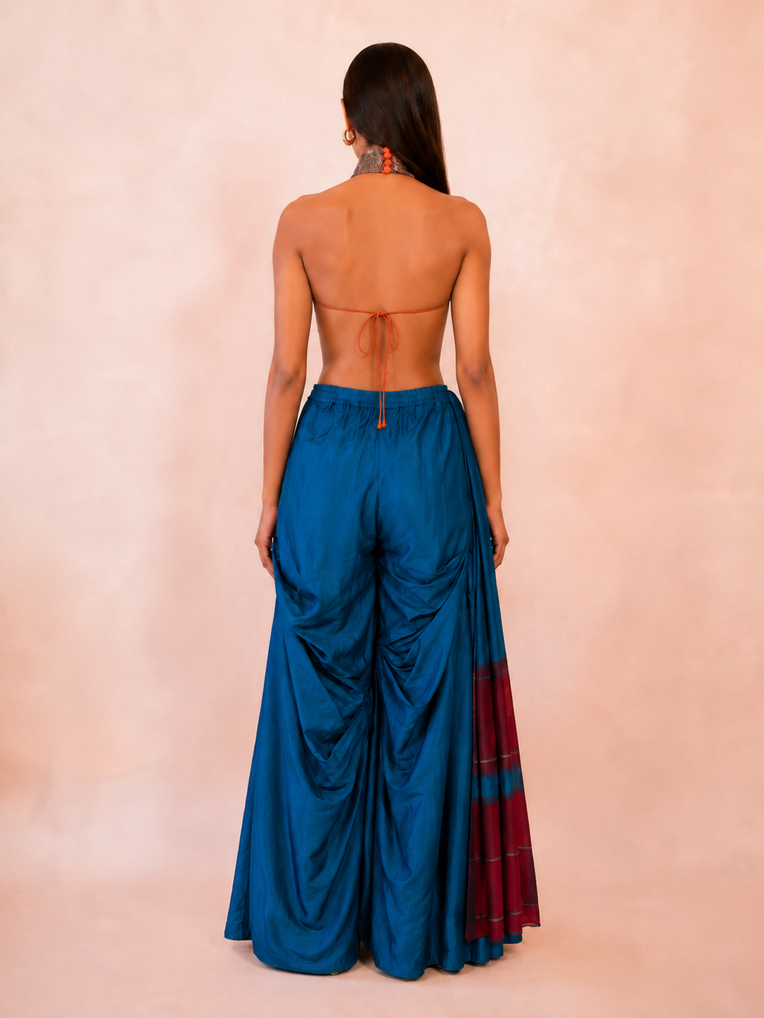 ANTARIYA XV is a one of a kind drape pant, handcrafted in house from repurposed pure silk and saree borders.