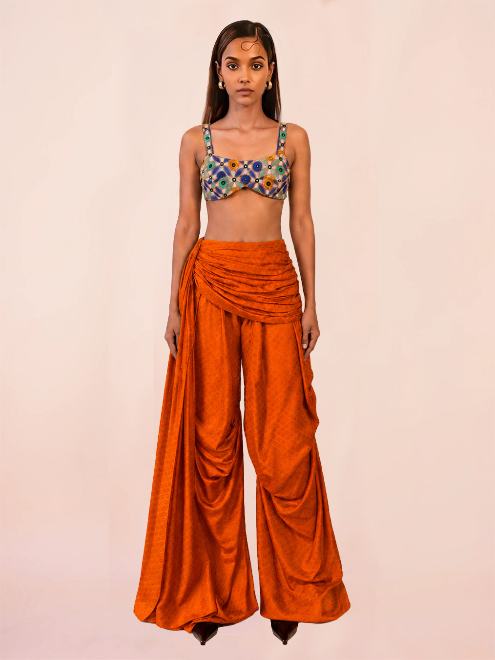 ANTARIYA XVI is a one of a kind drape pant, handcrafted in house from repurposed pure silk and saree borders. 
