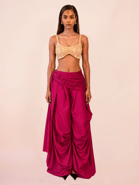 ANTARIYA XVIII is a one of a kind drape pant, handcrafted in house from repurposed pure silk and saree borders.