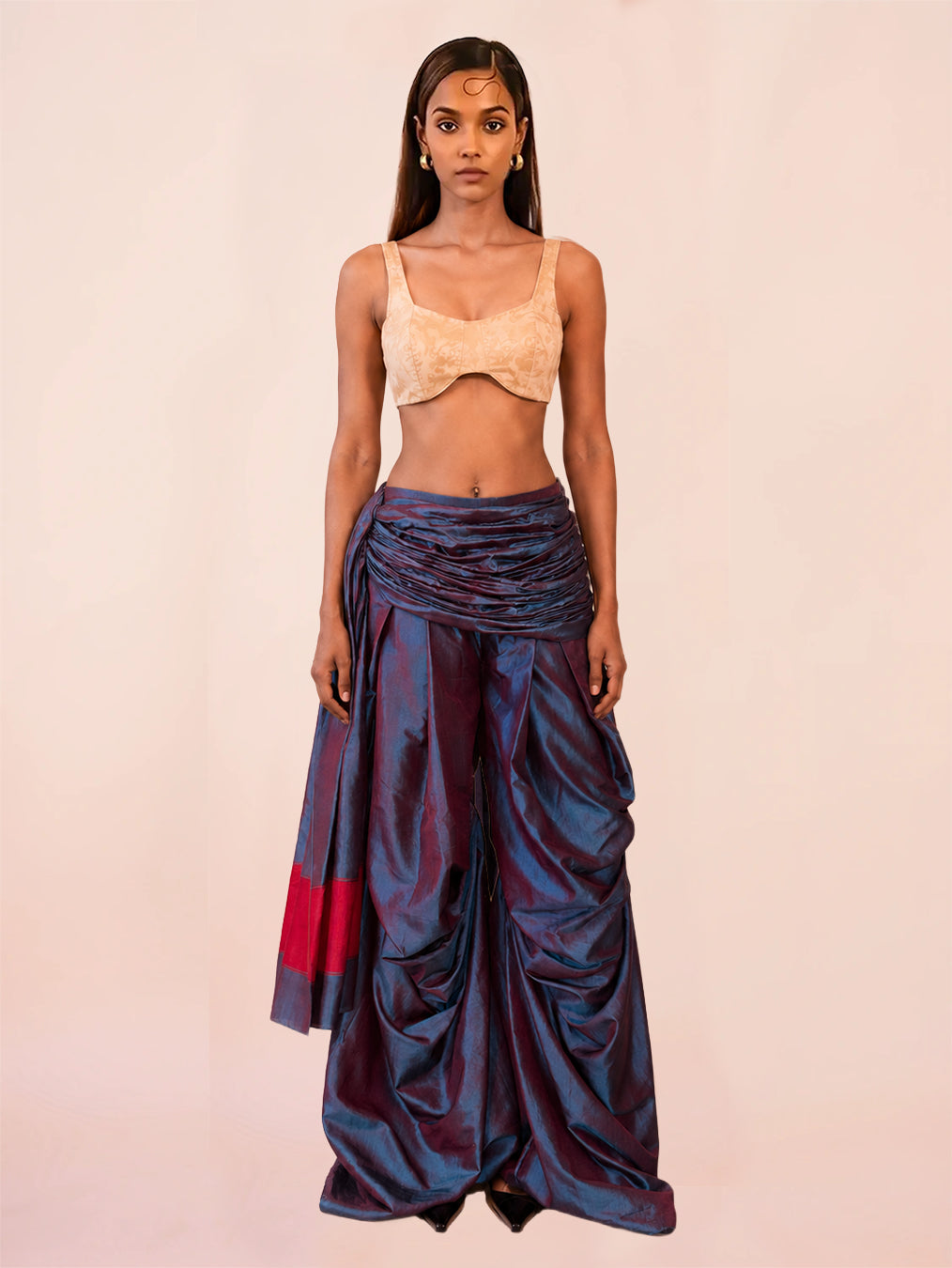 ANTARIYA XVIIII is a one of a kind drape pant, handcrafted in house from repurposed pure silk and saree borders. 