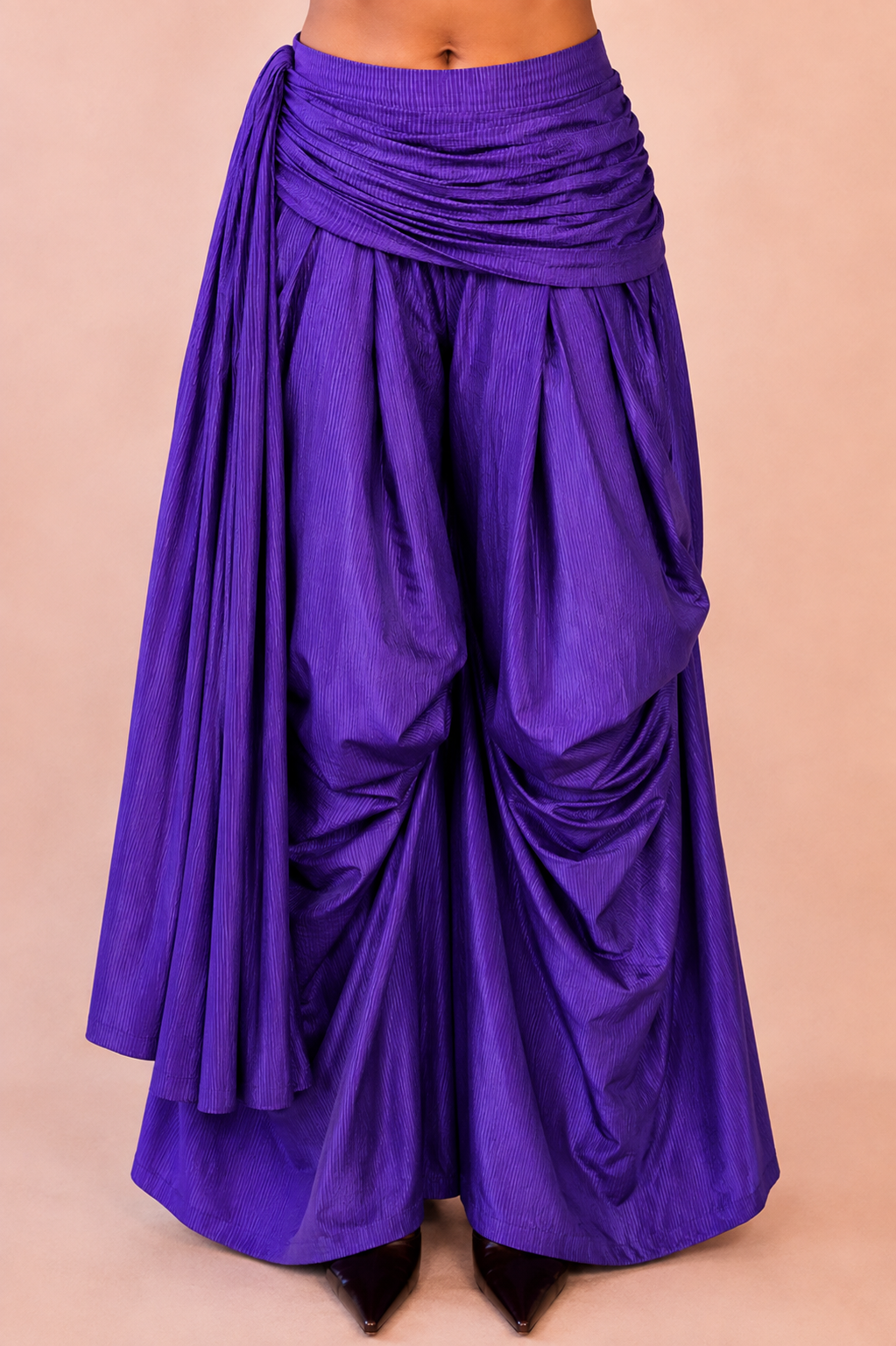 ANTARIYA XVII is a one of a kind drape pant, handcrafted in house from repurposed pure silk and saree borders