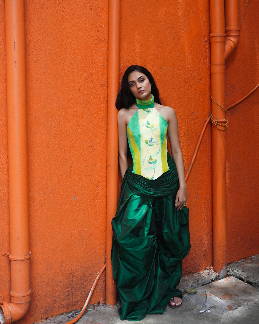 APSARA is our high-neck, backless top crafted from a vintage silk saree, inhouse by skilled artisans. 