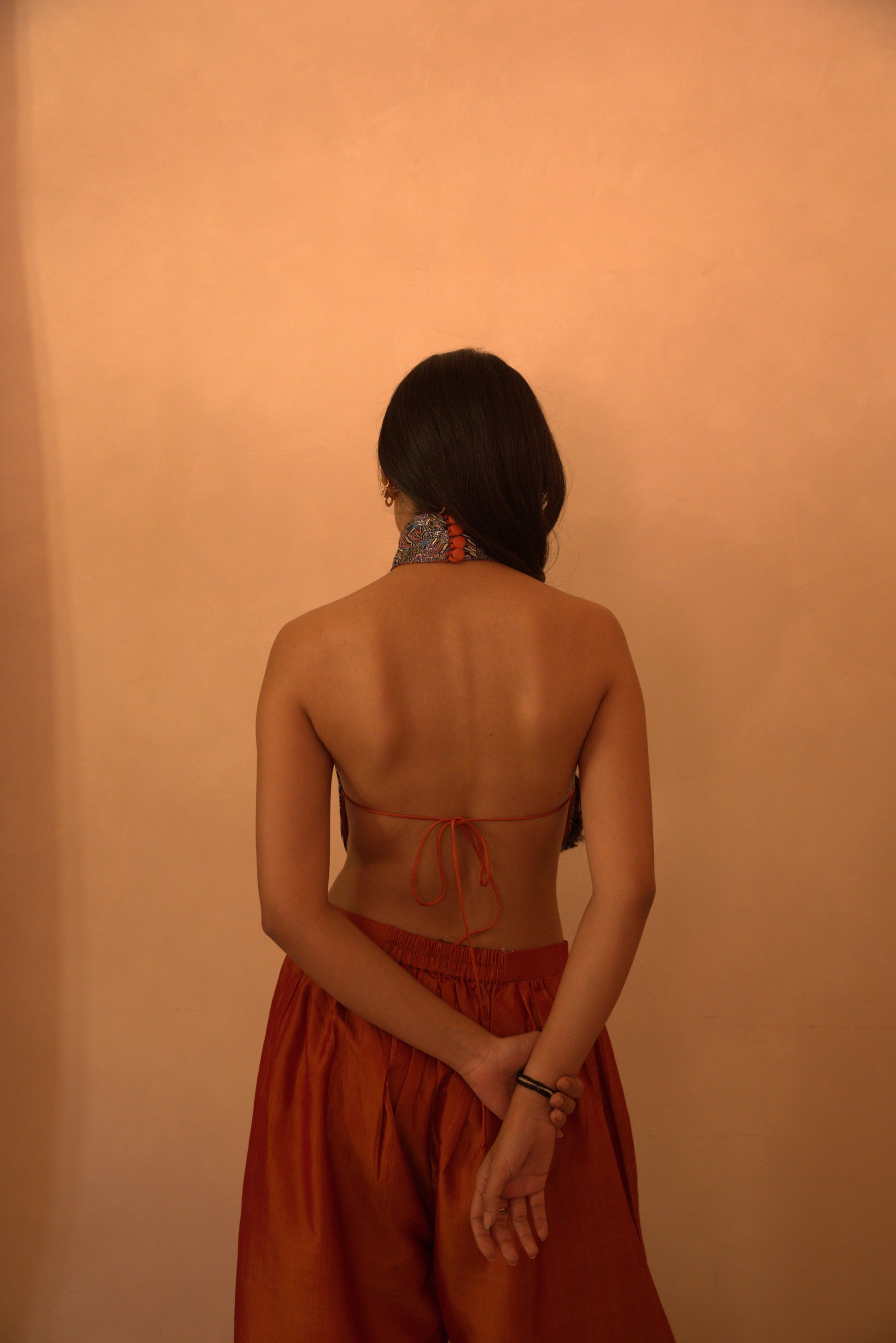 APSARA VI is our high-neck, backless top crafted from a vintage silk saree, inhouse by skilled artisans. 