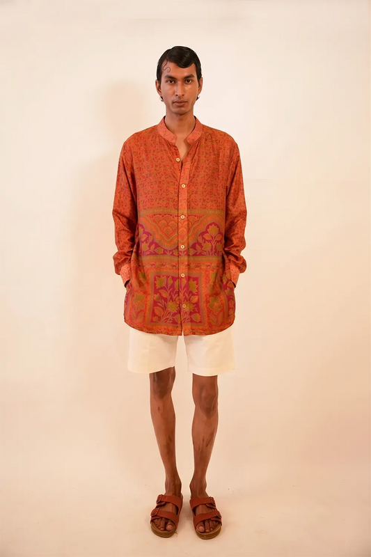 ATHARV Shirt is a one of a kind piece, handcrafted in house from orange printed pure silk.