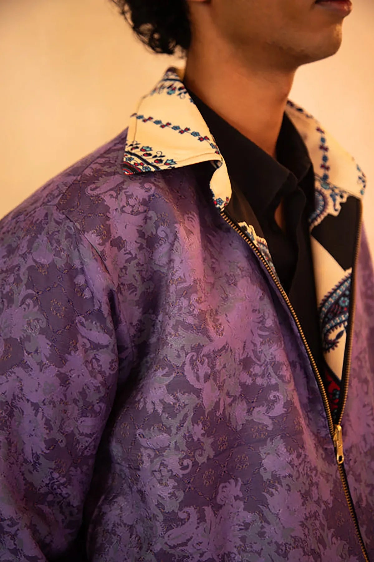 Aksa Bomber IV is our one-of-a-kind printed silk bomber jacket, handcrafted by skilled artisans in-house using a one-of-a-kind vintage silk saree.